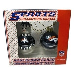 Denver Broncos Mini Blown‎ Glass Ornament Set Snowman Ball Sports Collectors NFL